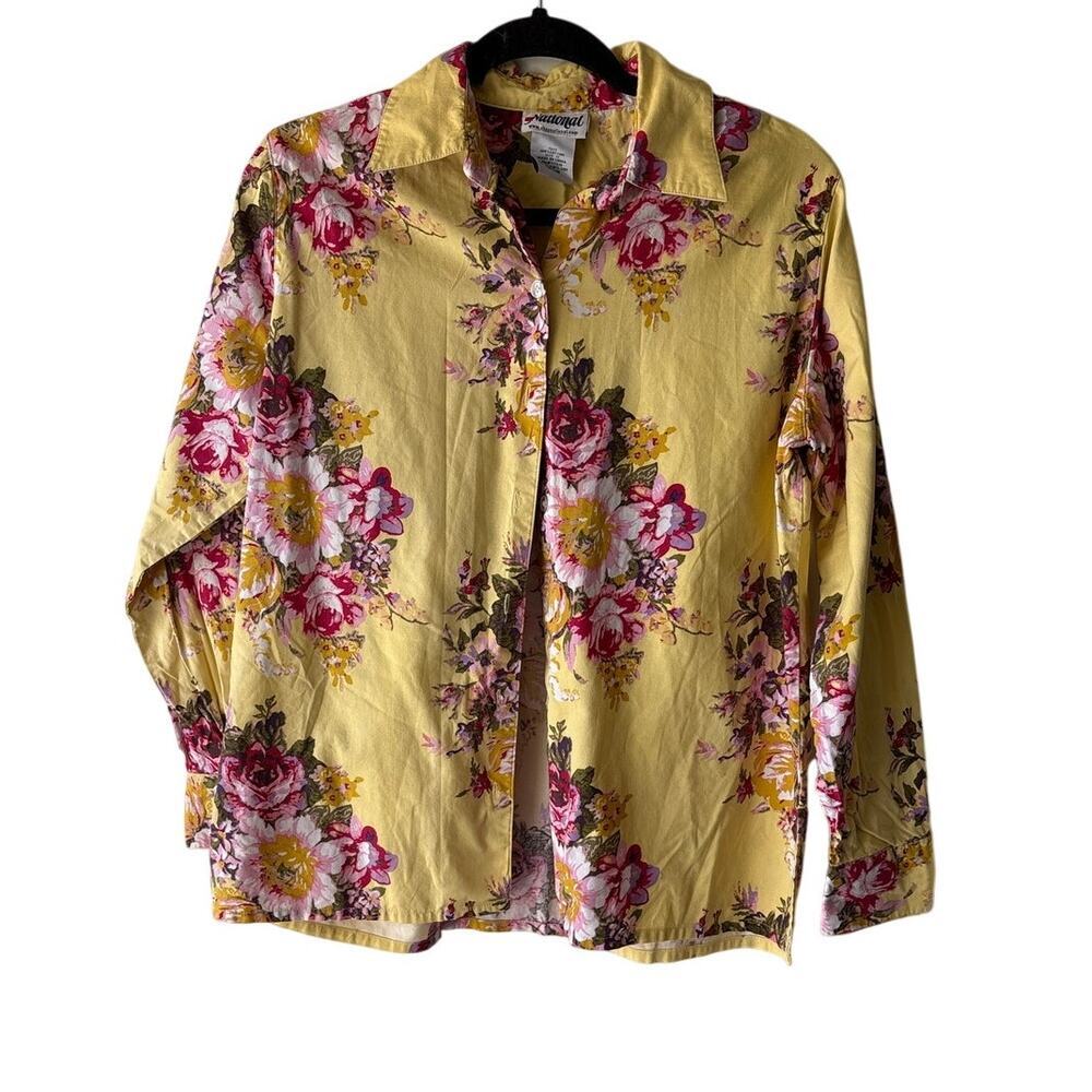 Vintage National Yellow Floral Button Down Blouse Long Sleeve Cottagecore